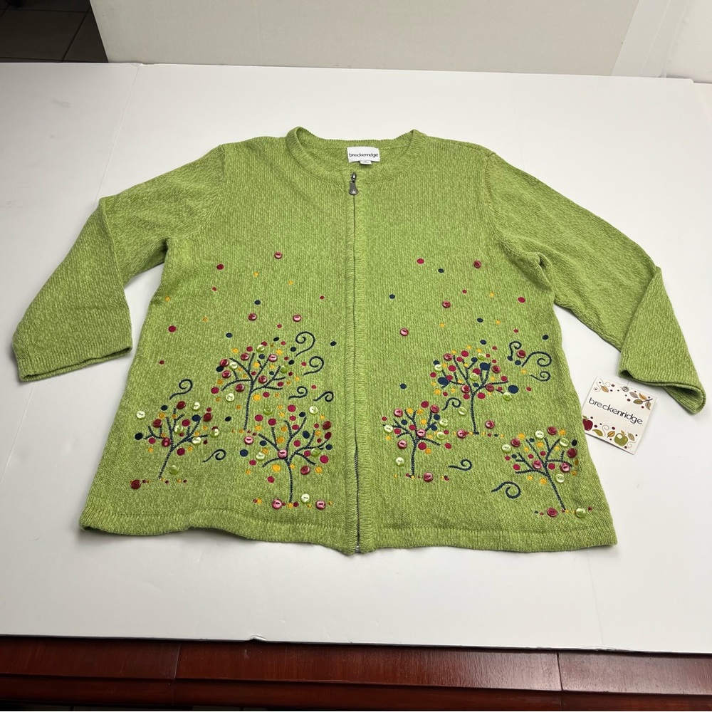 Breckenridge Green Cardigan Sweater Women Medium Button Zipper Ramie Cotton NEW